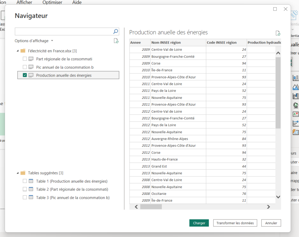 Choix des feuilles Excel à importer dans Power BI
