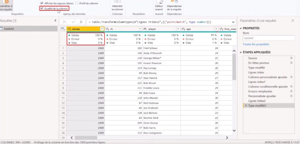 fonction qualité de la colonne Power BI