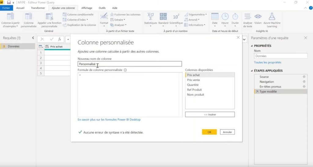 Colonnes Power BI