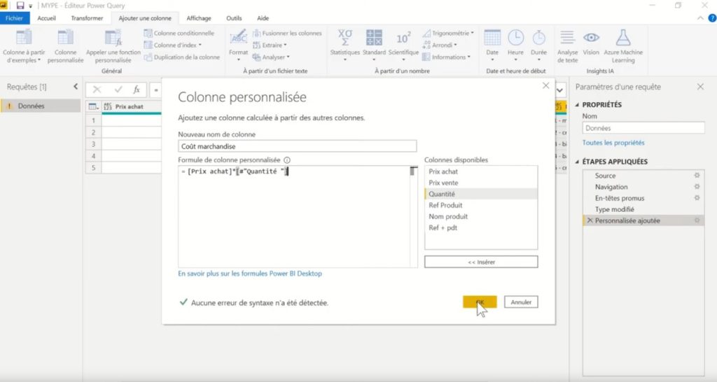 Colonnes personnalisées Microsoft Power BI