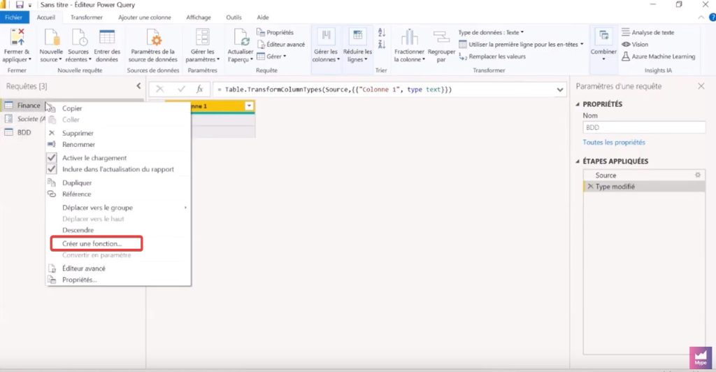 creer des fonctions power query