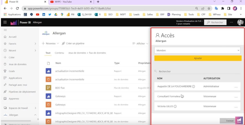 Partage espace travail Power BI Service