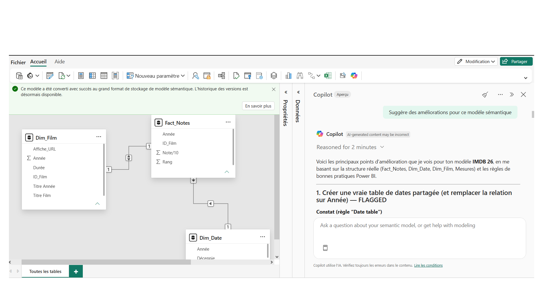 Feedback de Copilot sur la modélisation