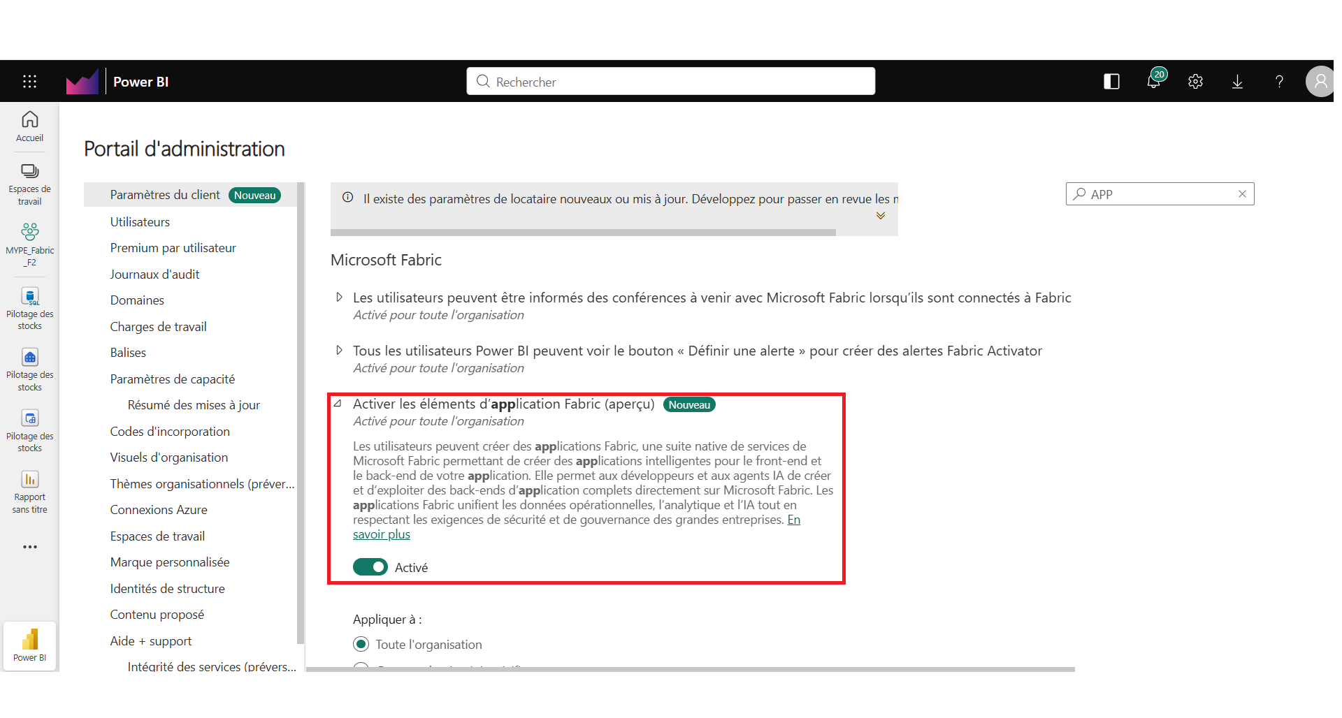 Paramètres d'administration Fabric : activation de Fabric Apps pour l'organisation