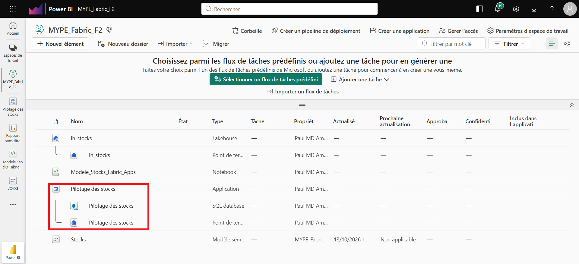Les 3 nouveaux éléments créés dans l'espace de travail Fabric : application, base SQL et point de terminaison SQL