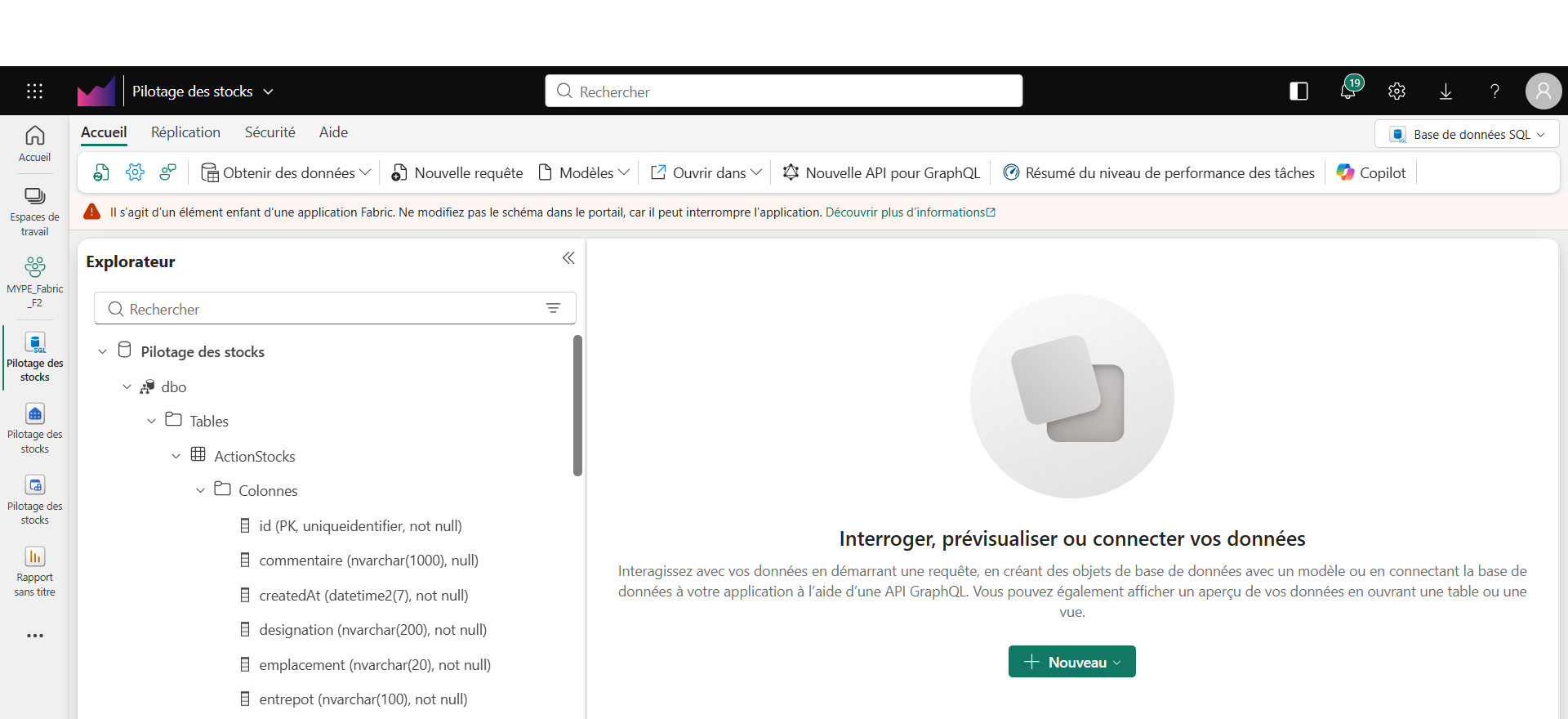 La base de données SQL de l'application Fabric et sa table des actions