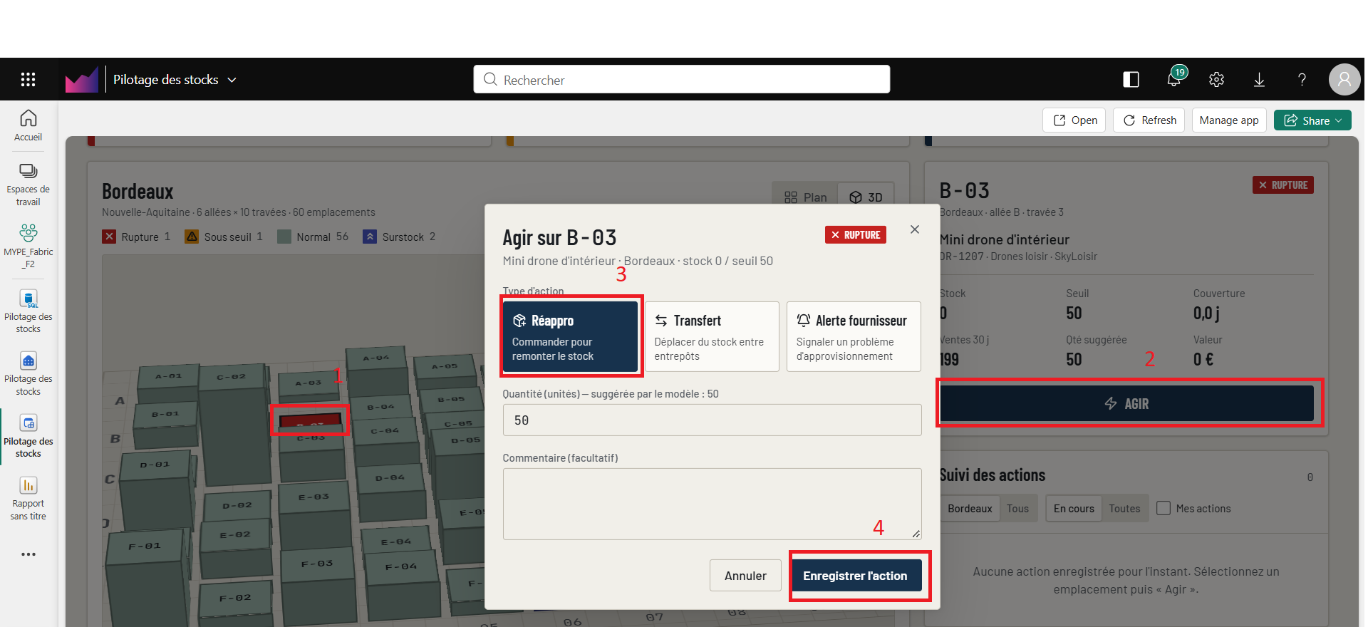 L'application Fabric Pilotage des stocks : entrepôt en 3D avec les emplacements colorés selon le niveau de stock